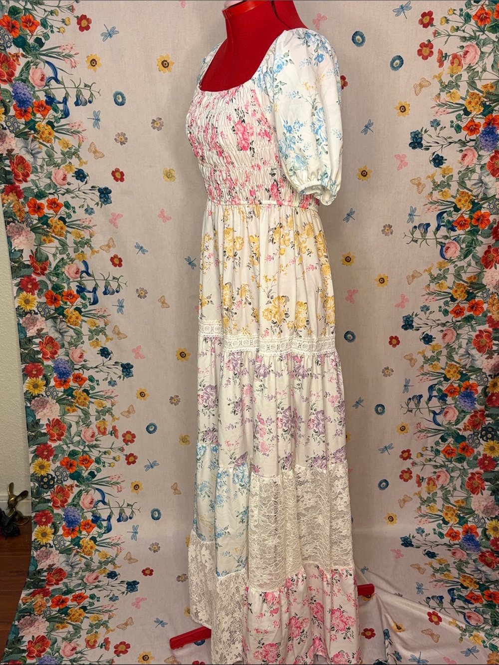 Bohemian Tiered Floral Pastel Maxi Dress in Multi-Color w/ Lace - Picture 5 of 11
